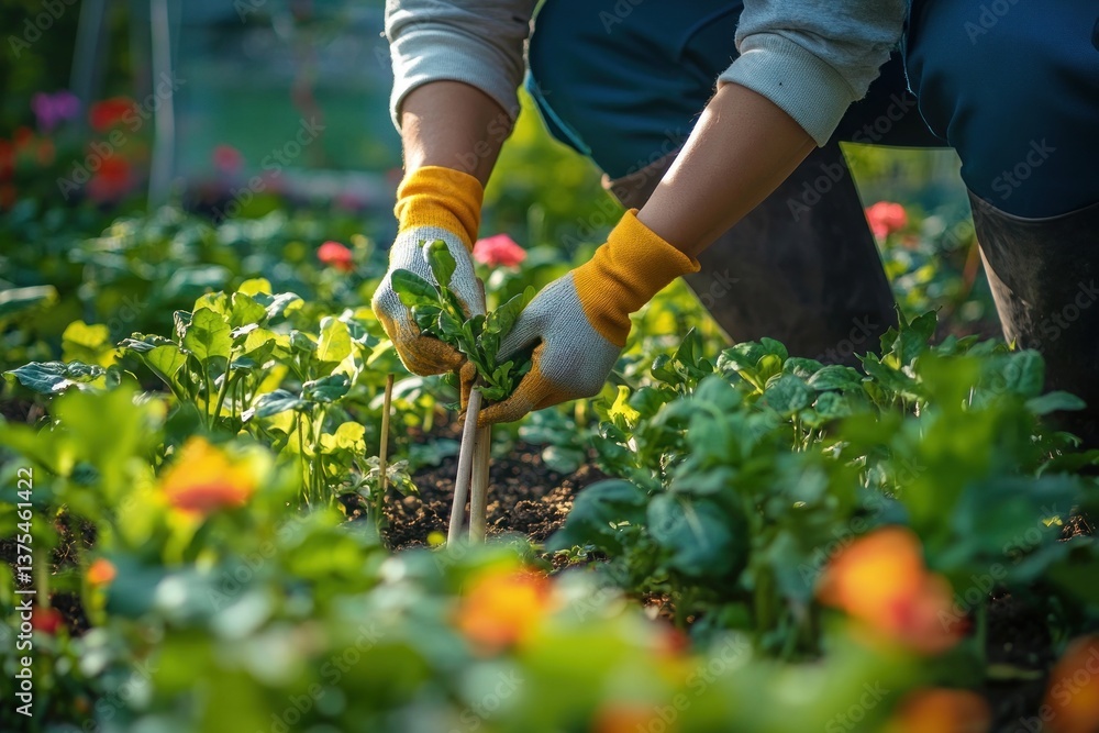 Fototapeta premium Pruning Shears in Hand While Cutting Back Dahlia Foliage for Autumn Winter Storage in Vibrant Garden