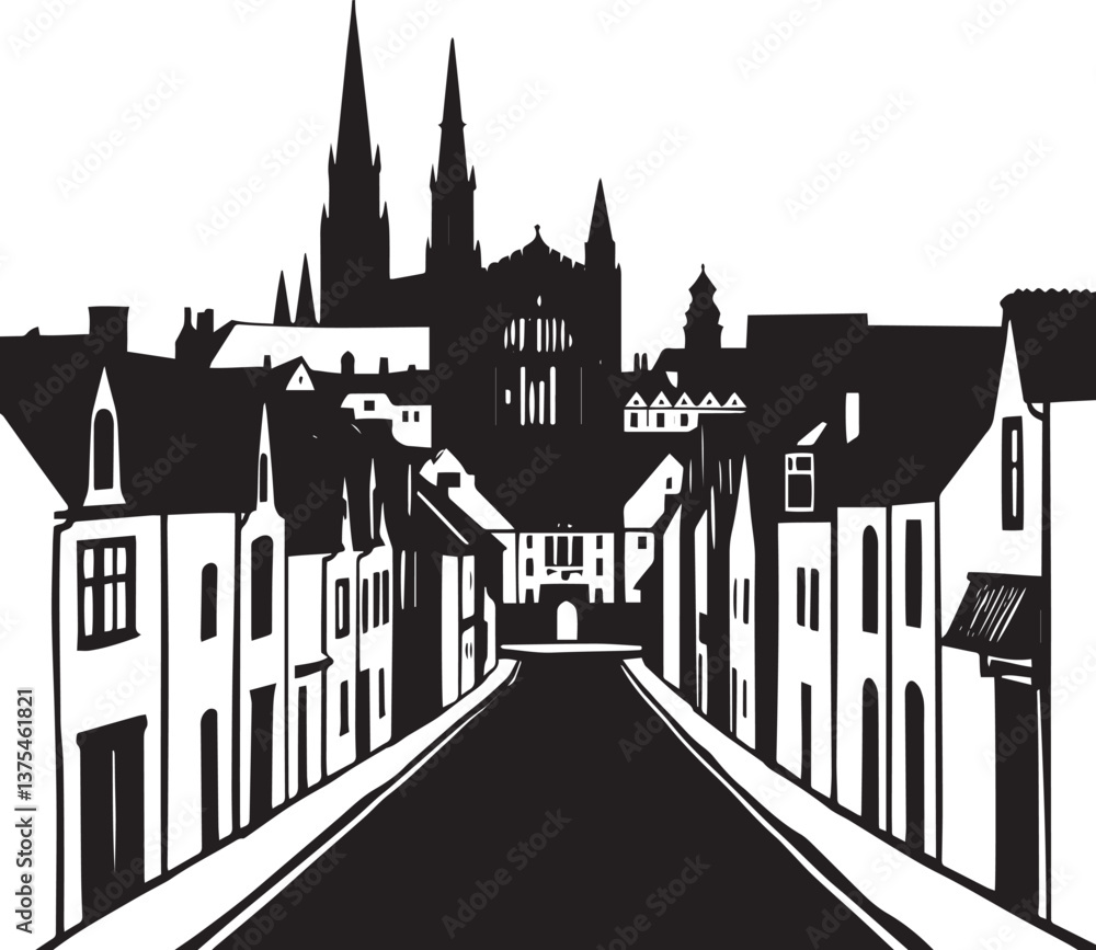 Obraz premium City landscape. Different buildings on street, outline cityscape hand sketch, flat houses. Hand drawn vector illustration
