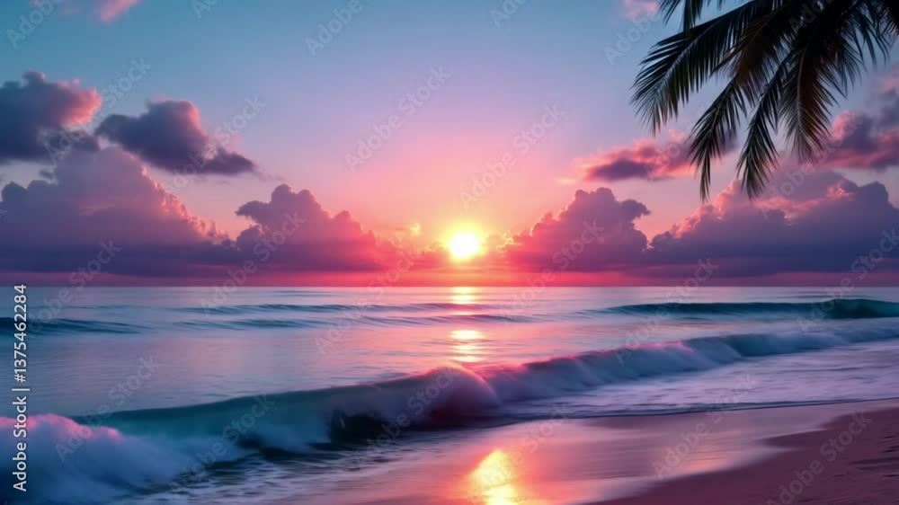 Tropical Beach Sunset with Gentle Ocean Waves, Palm Leaves, and Vibrant Sky Reflections — Ideal Animation Background for Travel Videos, Relaxation Loops, or Romantic Paradise Scenes Tropical Beach Sunset with Gentle Ocean Waves, Palm Leaves, and Vibrant Sky Reflections — Ideal Animation Background for Travel Videos, Relaxation Loops, or Romantic Paradise Scenes