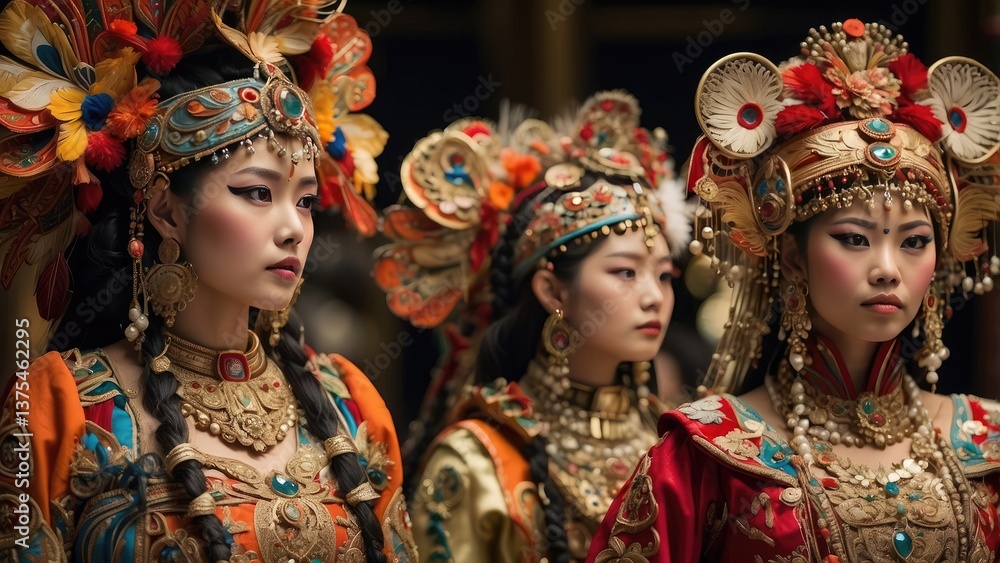 A group of performers in elaborate costumes stands in a dimly lit street, A group of performers in elaborate costumes stands in a dimly lit street,