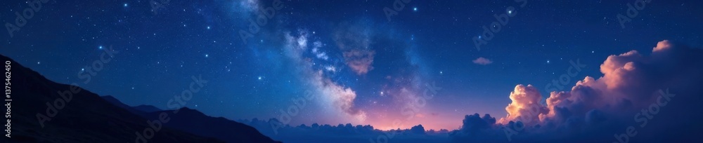 Fototapeta premium Illuminated starry night with glittering stars and clouds, astronomy, cosmic, clouds