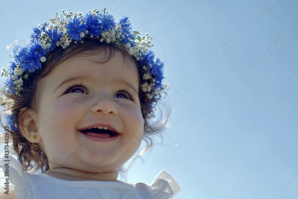 Happy middle eastern infant girl wearing blue flower circlet on her head. Happy warm season symbol. Morning rays. Child’s peaceful summer happiness. Joyful child with nature’s touch. Happy middle eastern infant girl wearing blue flower circlet on her head. Happy warm season symbol. Morning rays. Child’s peaceful summer happiness. Joyful child with nature’s touch.