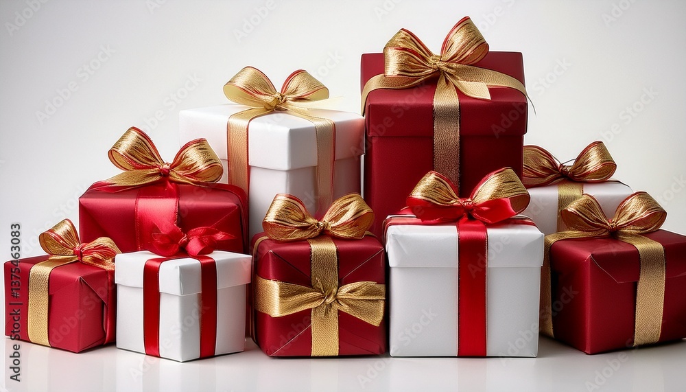 A collection of red and white gift wrapped presents with a red and gold ribbon bows isolated against a white background. A collection of red and white gift wrapped presents with a red and gold ribbon bows isolated against a white background.