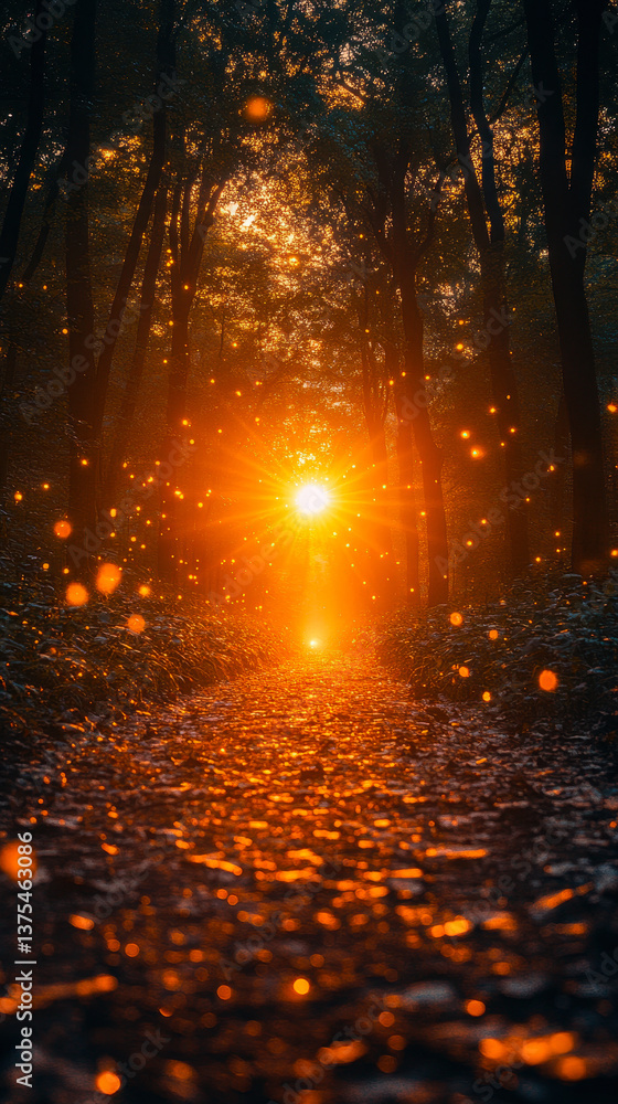 Enchanting Sunrise Illuminates Forest Pathway with Golden Autumn Glow Enchanting Sunrise Illuminates Forest Pathway with Golden Autumn Glow