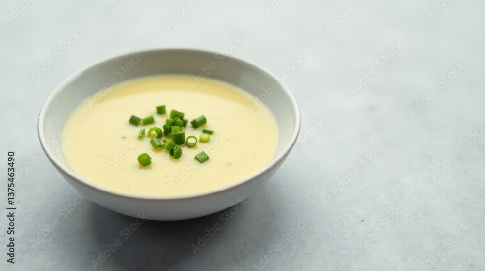 Creamy soup in a bowl garnished with finely chopped green onions, a simple yet elegant culinary presentation. Creamy soup in a bowl garnished with finely chopped green onions, a simple yet elegant culinary presentation.