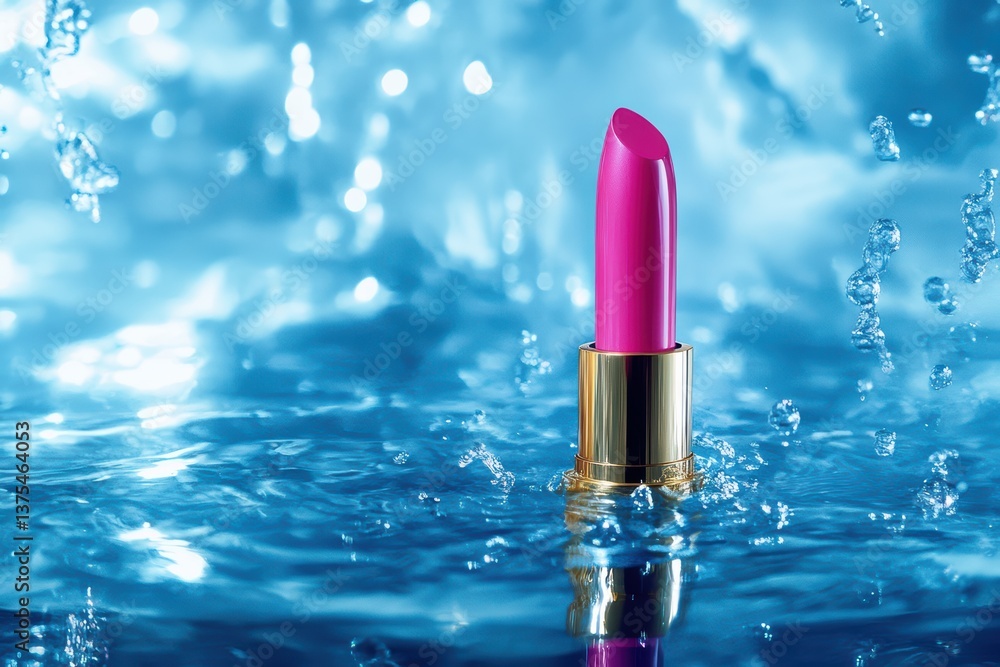 Vibrant Pink Lipstick Surrounded by Water Drops Creating a Glimmering Splash Effect on a Bright Blue Background Vibrant Pink Lipstick Surrounded by Water Drops Creating a Glimmering Splash Effect on a Bright Blue Background