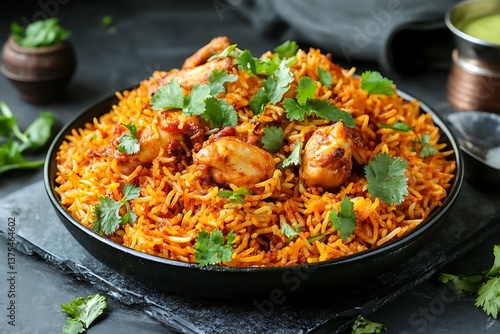 A vibrant, colorful image of chicken biryani, with rich, aromatic rice and tender chicken pieces, beautifully garnished with coriander and mint. 
