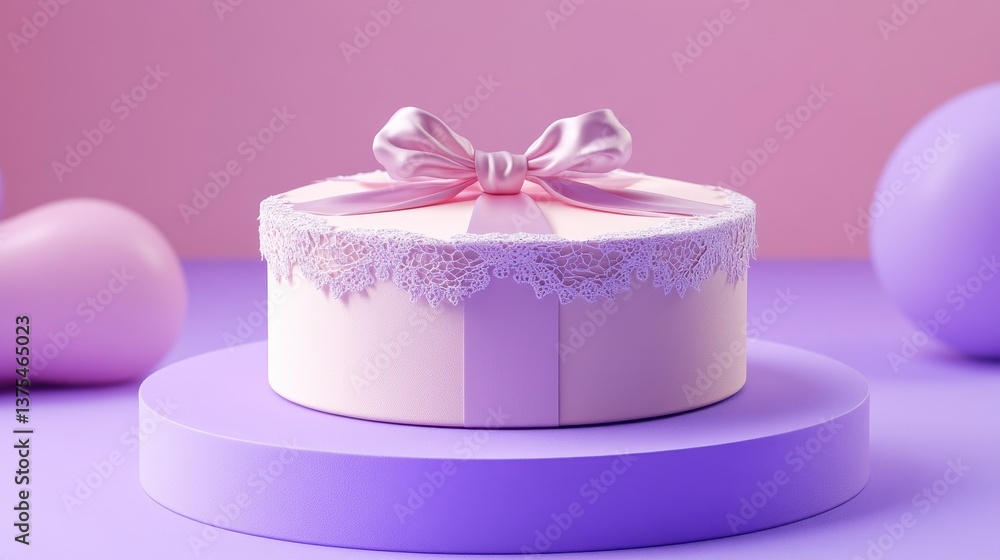 Elegant Pink Gift Box with Lace and Bow on Purple Pedestal Elegant Pink Gift Box with Lace and Bow on Purple Pedestal