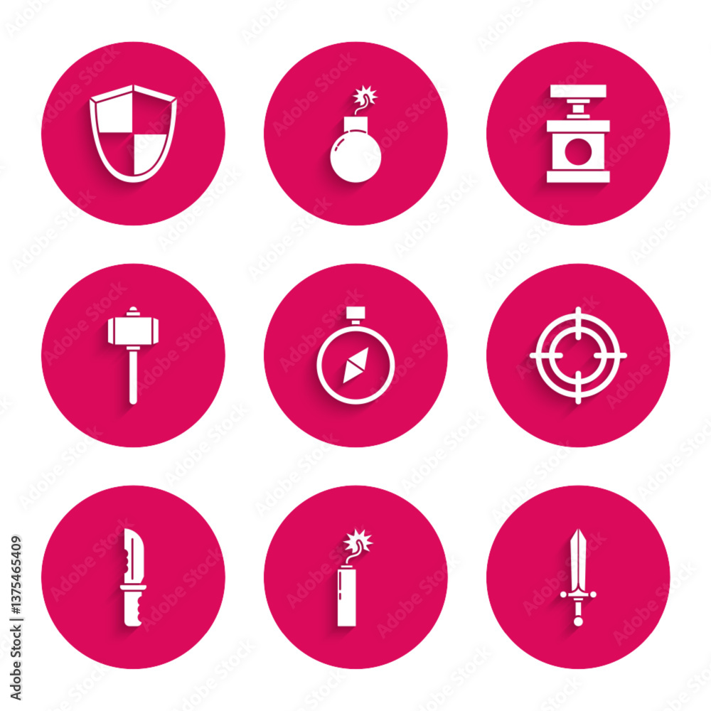 Set Compass, Dynamite bomb stick clock, Medieval sword, Target sport, Military knife, Battle hammer, Handle detonator for dynamite and Shield icon. Vector