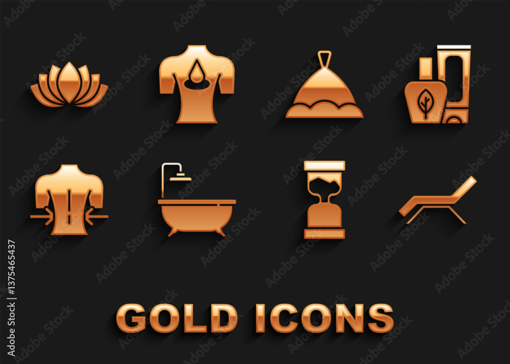 Set Bathtub, Ointment cream tube, Sunbed and umbrella, Old hourglass, Massage, Sauna hat, Lotus flower and with aroma oils icon. Vector Set Bathtub, Ointment cream tube, Sunbed and umbrella, Old hourglass, Massage, Sauna hat, Lotus flower and with aroma oils icon. Vector