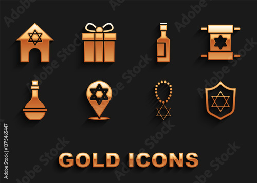 Set Star of David, Torah scroll, Shield with, necklace on chain, Jewish wine bottle, synagogue and Gift box icon. Vector