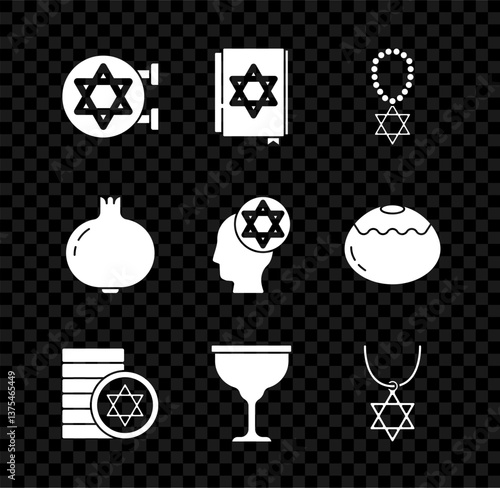 Set Jewish synagogue, torah book, Star of David necklace on chain, coin, goblet, Pomegranate and Orthodox jewish hat icon. Vector
