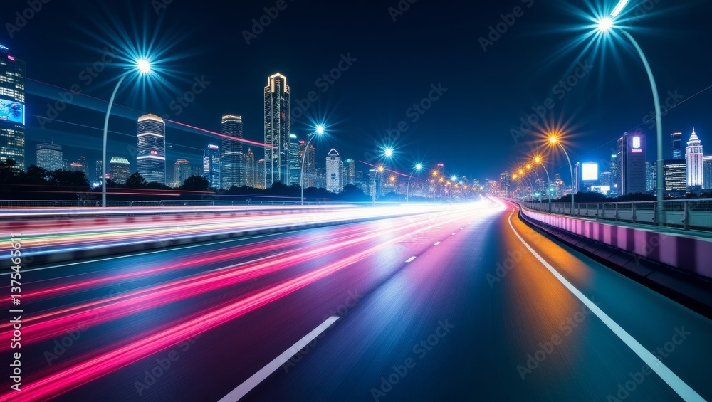 Fototapeta premium Light trails illuminating a highway at night with city skyline in background