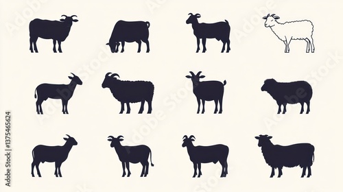 Sheep and goat silhouettes, farm animals, agriculture, livestock, vector illustration, website design