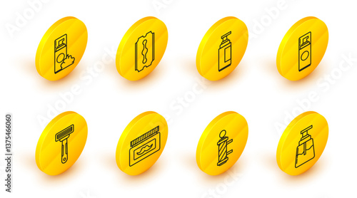 Set line Aftershave, Classic Barber shop pole, Cream or lotion cosmetic jar, Shaving razor, gel foam, tube, Blade and icon. Vector