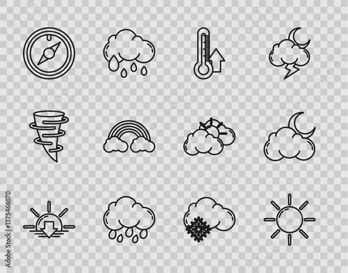 Set line Sunset, Thermometer, Cloud with rain, Wind rose, Rainbow clouds, snow and moon and stars icon. Vector