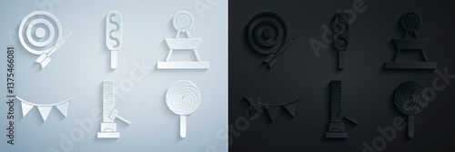 Set High striker attraction with big hammer, Attraction carousel, Carnival garland flags, Lollipop, Corn dog and Classic dart board arrow icon. Vector