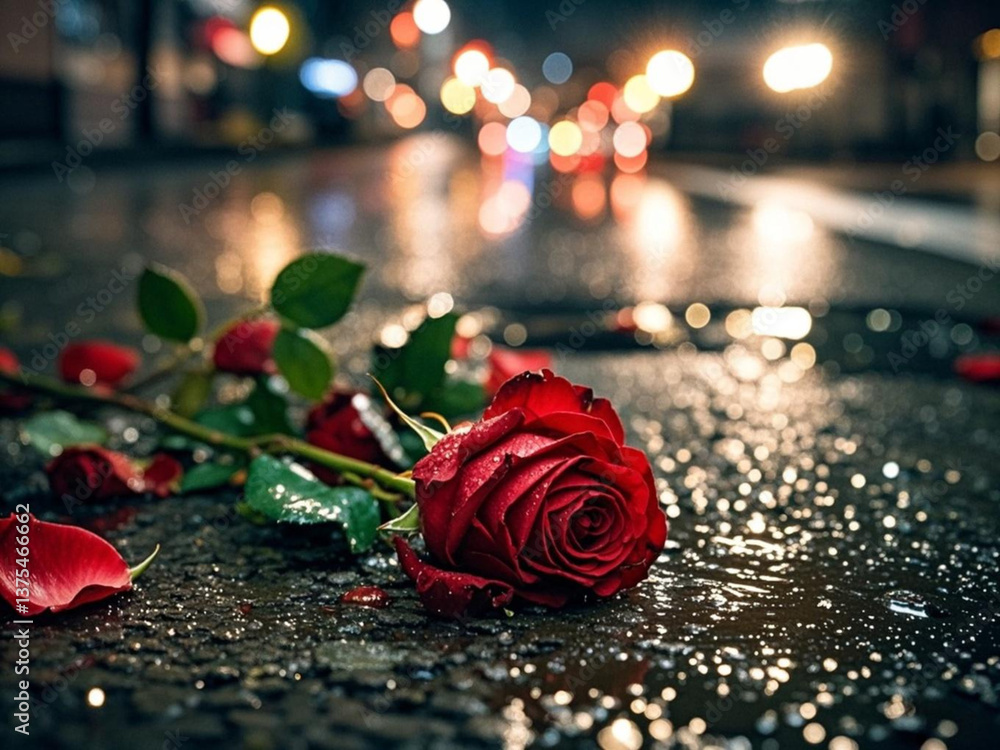 closeup of discarded red roses on wet asphalt road with colorful unfocused lights on a background, night view.