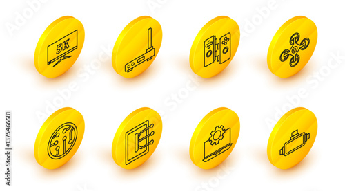 Set line Virtual reality glasses, Laptop and gear, Tablet, Processor, Drone, Gamepad, Router wi-fi signal and Monitor display with 5k video icon. Vector