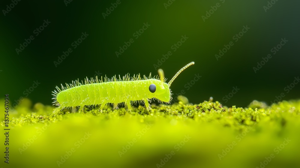 Vibrant Green Caterpillar on Moss, Close up of a bright green caterpillar crawling on moss. Vibrant Green Caterpillar on Moss, Close up of a bright green caterpillar crawling on moss.