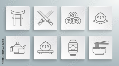 Set line Japanese tea ceremony, Traditional katana, Dumpling cutting board, paper lantern, Asian noodles bowl and chopsticks, Sushi, Khinkali and Gate icon. Vector