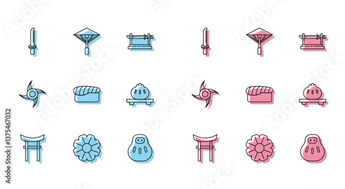 Set line Japan Gate, Flower, Japanese katana, Maneki neko cat, Sushi, Dumpling on cutting board, ninja shuriken and umbrella from the sun icon. Vector