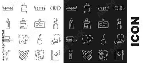 Set line Clipboard with dental card, Tooth, Dental pliers, Dentures model, Mouthwash plastic bottle, Tube of toothpaste, Teeth braces and Id icon. Vector