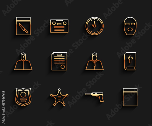 Set line Police badge, Hexagram sheriff, Evidence bag and knife, Pistol or gun with silencer, Plastic ziplock, The arrest warrant, Holy bible book and Lawyer, attorney, jurist icon. Vector