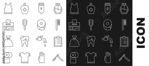 Set line Straight razor, Clipboard with checklist, Hairbrush, Electrical hair clipper shaver, Wet wipe pack, Sleeveless T-shirt and Toilet paper roll icon. Vector