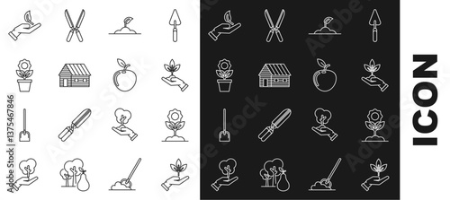 Set line Plant in hand of environmental protection, Flower, Sprout, Farm house, pot, and Apple icon. Vector