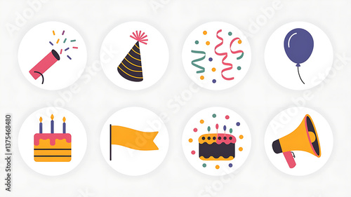 Birthday party icons colorful flat design celebration elements