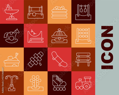 Set line Toy train, Bench, Tic tac toe game, Pool with balls, Skate park, Horse saddle swing, Swing boat and Attraction carousel icon. Vector