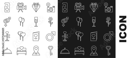 Set line Key in heart shape, Male gender symbol, Flower, Suit, Balloons with ribbon, Gender, Please do not disturb and Glass of champagne icon. Vector