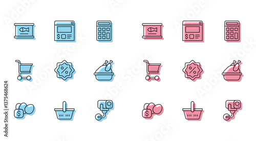 Set line Price tag for egg, Shopping basket, Canned fish, Security camera, Discount percent, Roasted turkey chicken, cart and Online ordering and delivery icon. Vector