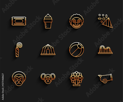Set line Wild lion, Monkey, Circus ticket, Ferris wheel, Cannon, tent, Roller coaster and Beach ball icon. Vector