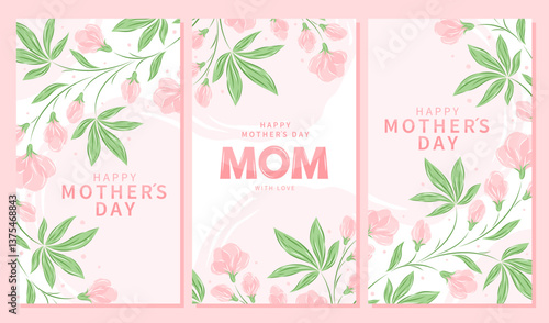 Mother's Day card, banner, poster, label, template or cover with flowers frame in pastel colors. Spring summer floral design. Vector illustration