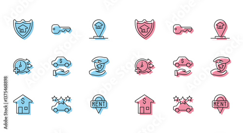 Set line House with dollar, Car sharing, shield, Location key, rental, Clock and icon. Vector
