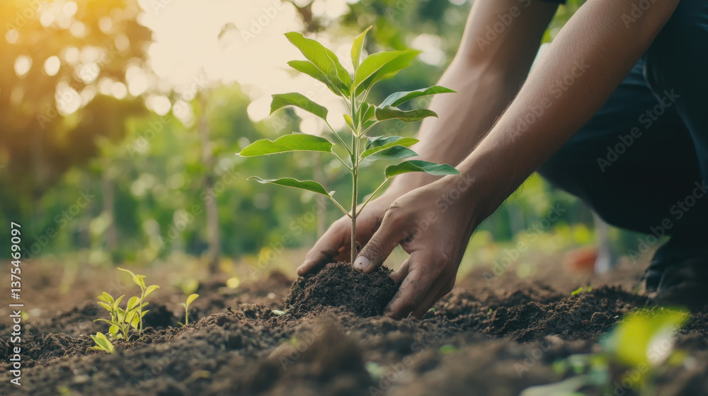 Fototapeta premium Hands Planting Young Sapling in Soil with Sunlight in Background