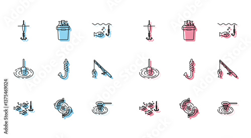 Set line Fishing hook under water with fish, and float, net, rod, and bucket fishes icon. Vector