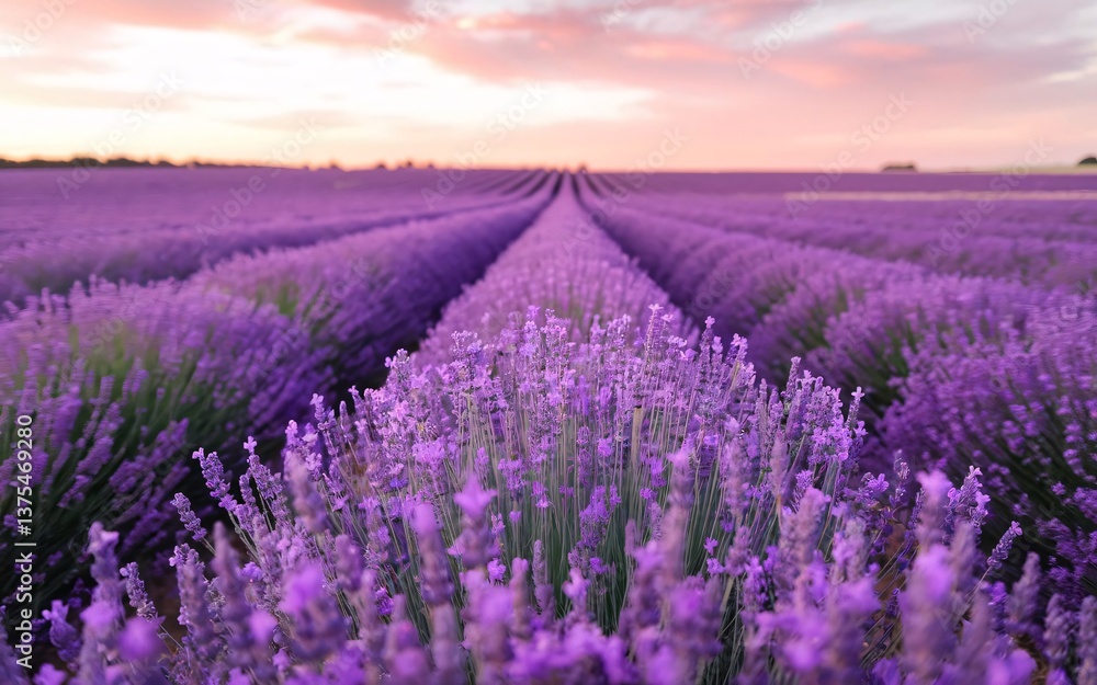 Fototapeta premium Endless Lavender Fields Under a Dreamlike Pink and Gold Sunset