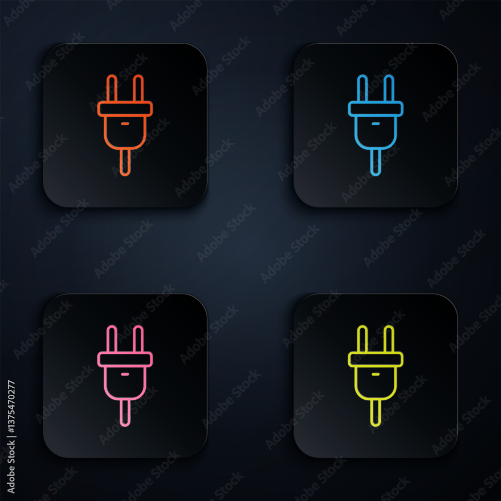 Obraz premium Color neon line Electric plug icon isolated on black background. Concept of connection and disconnection of the electricity. Set icons in square buttons. Vector