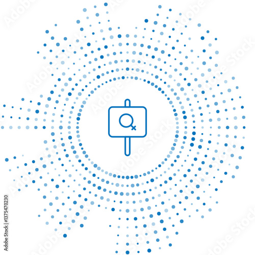 Blue line Female movement, feminist activist with banner and placards icon isolated on white background. Feminist rights movement, feminism sisterhood. Abstract circle random dots. Vector