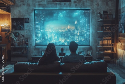 A couple lying together on a couch watching a movie in soft lighting, creating an atmosphere of safety and comfort.