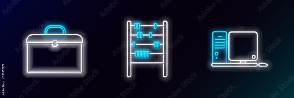 Fototapeta premium Set line Computer monitor with keyboard and mouse, Briefcase and Abacus icon. Glowing neon. Vector