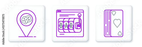 Set line Deck of playing cards, Casino location and Online slot machine icon. Vector