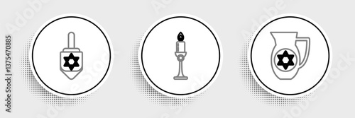 Set line Decanter with star of david, Hanukkah dreidel and Burning candle in candlestick icon. Vector