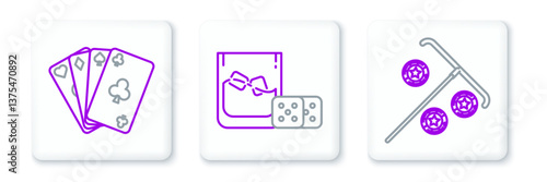 Set line Stick for chips, Playing cards and Game dice and glass of whiskey with ice cubes icon. Vector