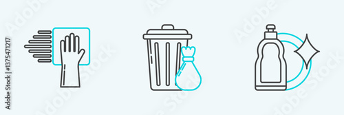 Set line Plastic bottles for liquid dishwashing liquid, Cleaning service and Trash can and garbage bag icon. Vector