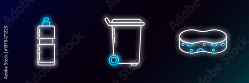 Set line Sponge, Plastic bottles for liquid dishwashing liquid and Trash can icon. Glowing neon. Vector