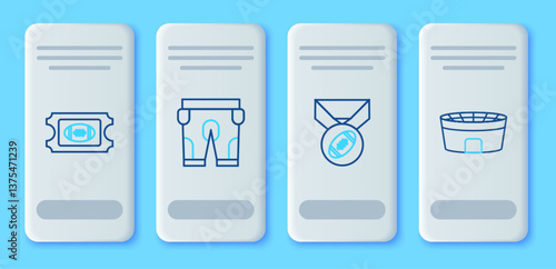 Set line American football shorts, Football with medal, ticket and stadium icon. Vector